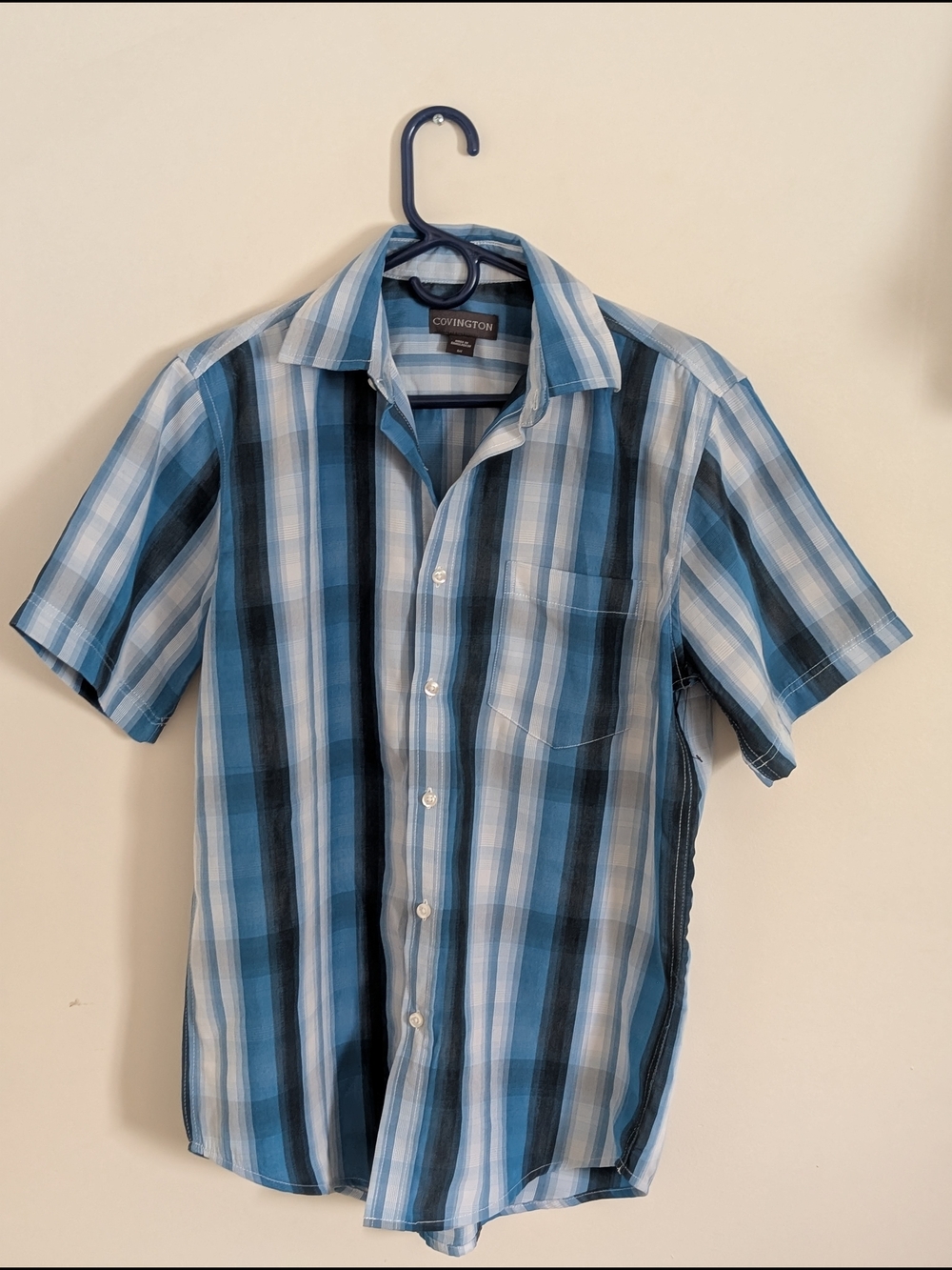 Covington Men's Blue White Black Plaid Woven Button-Up Short Sleeve Shirt S